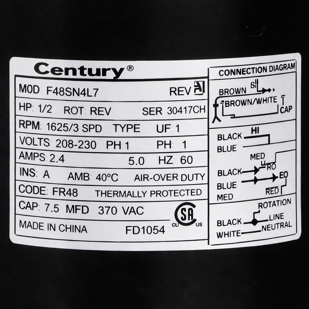 HVAC Permanent Split Capacitor Open Air Over Enclosure Century Motors FD1054 Blower Motor
