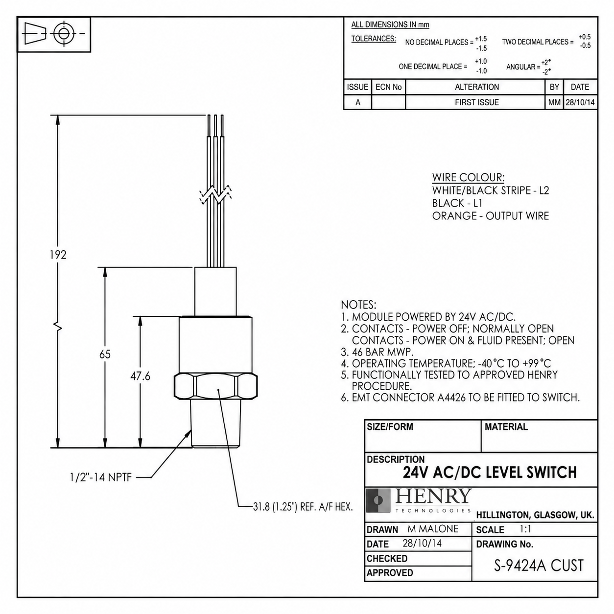 HVAC 1/2-inch MPT (Male Pipe Thread) Connection Electro-Optical Liquid Level Switch 24V AC/DC 1/2 Inch MPT
