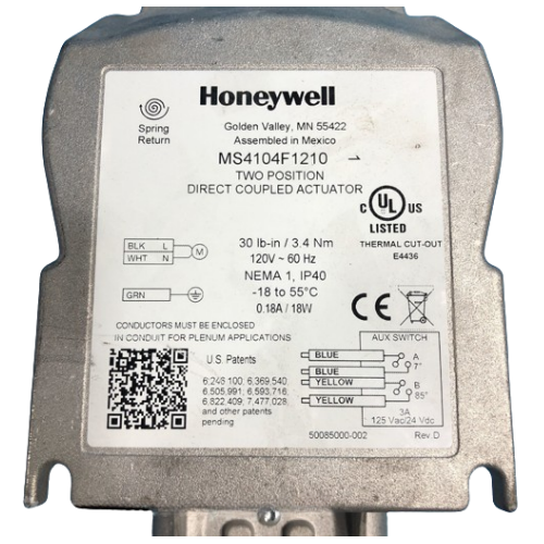 Honeywell MS4104F1210 Spring Return 2-Position Direct-Coupled Acutator 30lb-in 100-250V