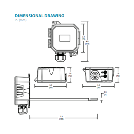 Veris PX3DXX01 Dry Media Differential Pressure/Air Velocity Transducer Dimensions