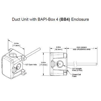 BAPI BA/10K-2-D-8"-BB4 Duct Temperature Sensor
