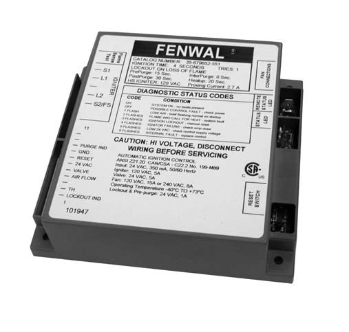 Fenwal 35-679927-561 Microprocessor-Based Proven Hot Spark Igniter Control with Combustion Blower Relay Manual Reset 3 TFI Local Sense Lockout On Flame Loss 4-Seconds 15-Second Prepurge 15-Second Interpurge 30-Second Postpurge (Full Time Power)