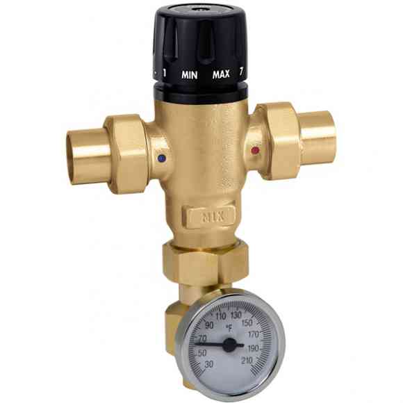 Caleffi 521619AC Adjustable 3-Way Thermostatic Mixing Valve 1" Sweat Inlet Check Valve 3Cv with Gauge