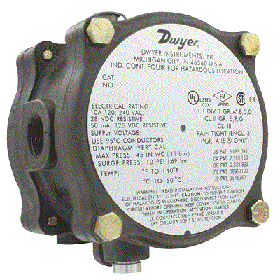 Dwyer 1950G-0-B-24-NA Explosion-Proof Differential Pressure Switch 0.15" to 0.5" W.C. 24VDC Non-Atex