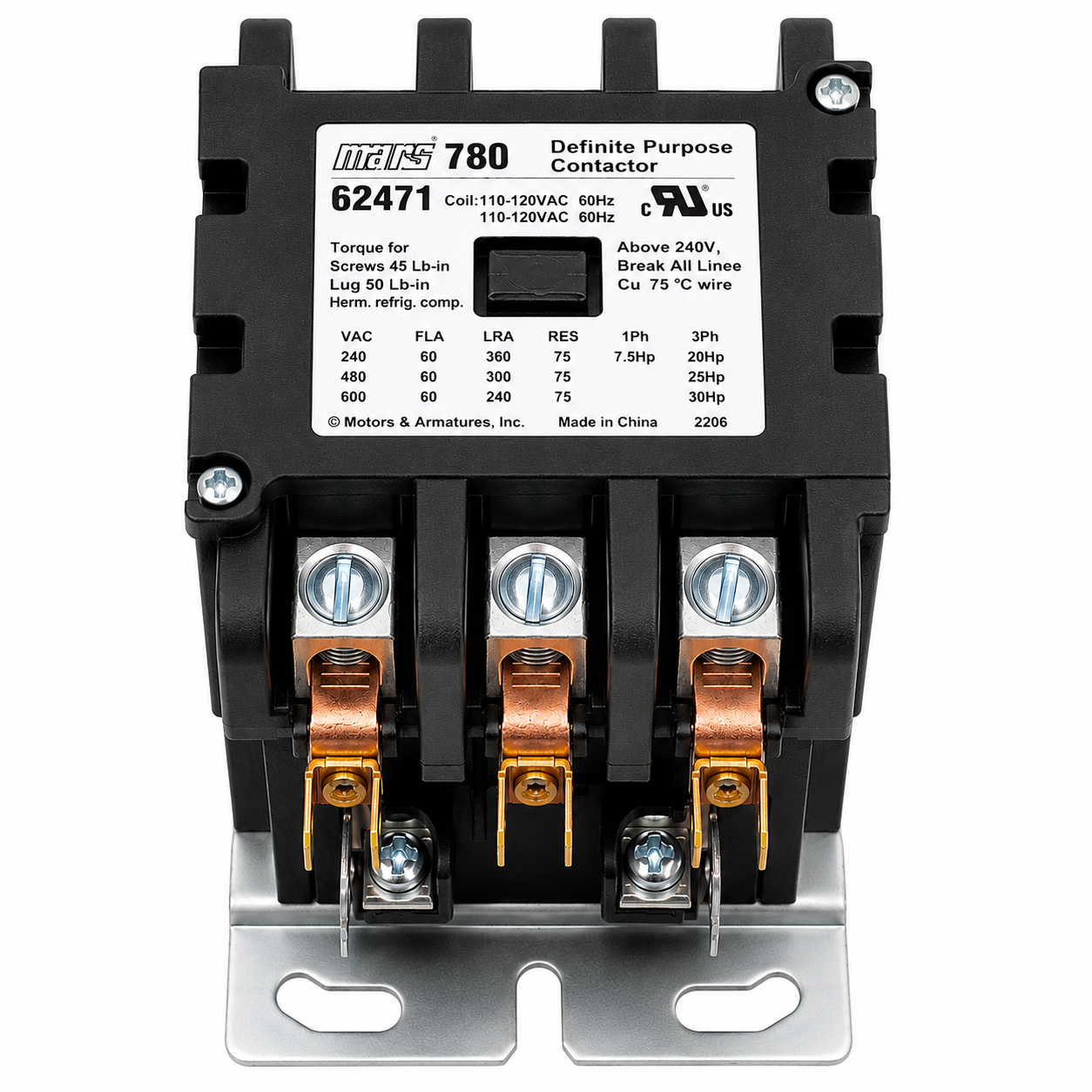 Mars 62471 Definite Purpose Contactor 60 A 120V 3-Pole 30 HP