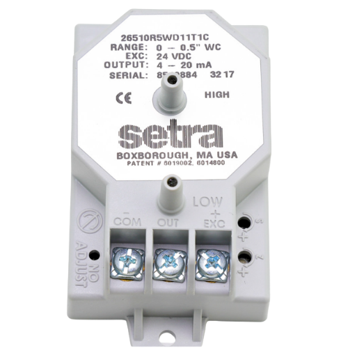 Setra 26510R5WD11T1C Pressure Transducer 0 to 0.5" W.C. 24VDC/4-20mA Terminal Strip