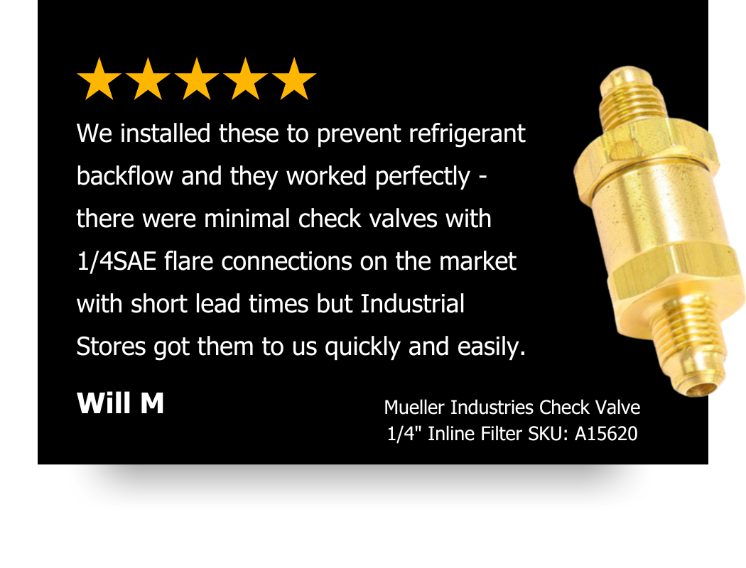 Will wrote a 5 star review on a Mueller Check Valve A15620 stating the product is working perfectly and we delivered it to them with ease.